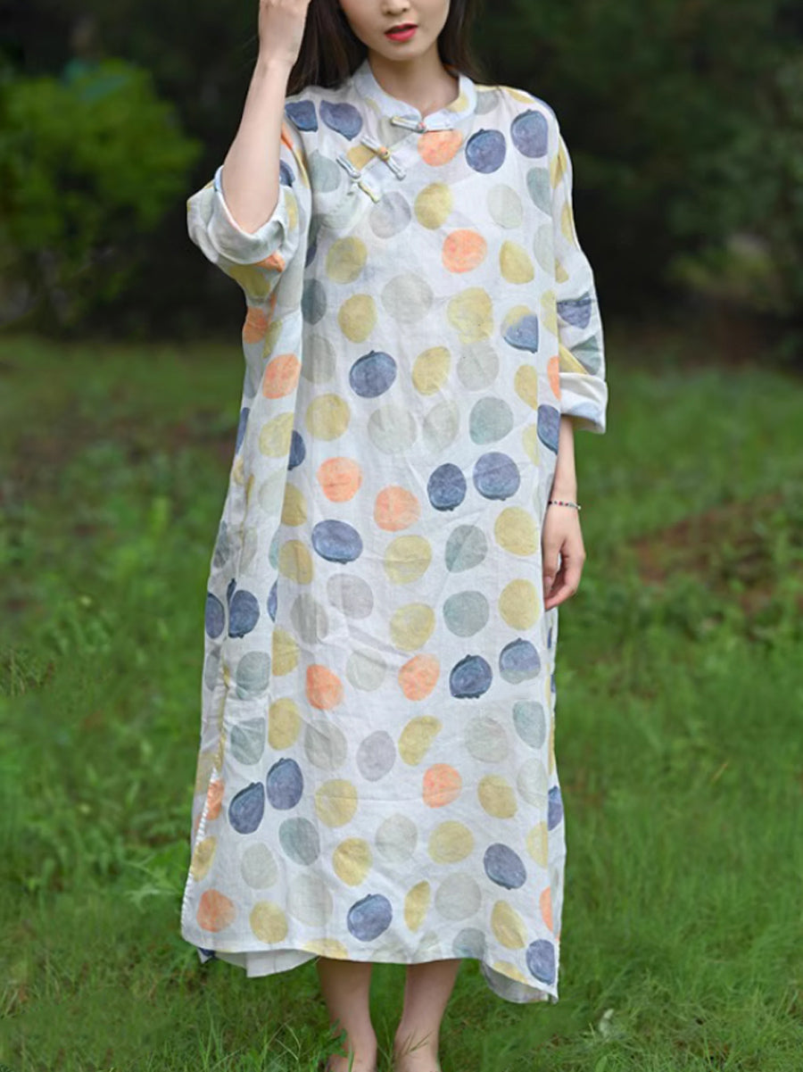 Women Summer Ethnic Colorful Dot 100%Ramie Robe Dress