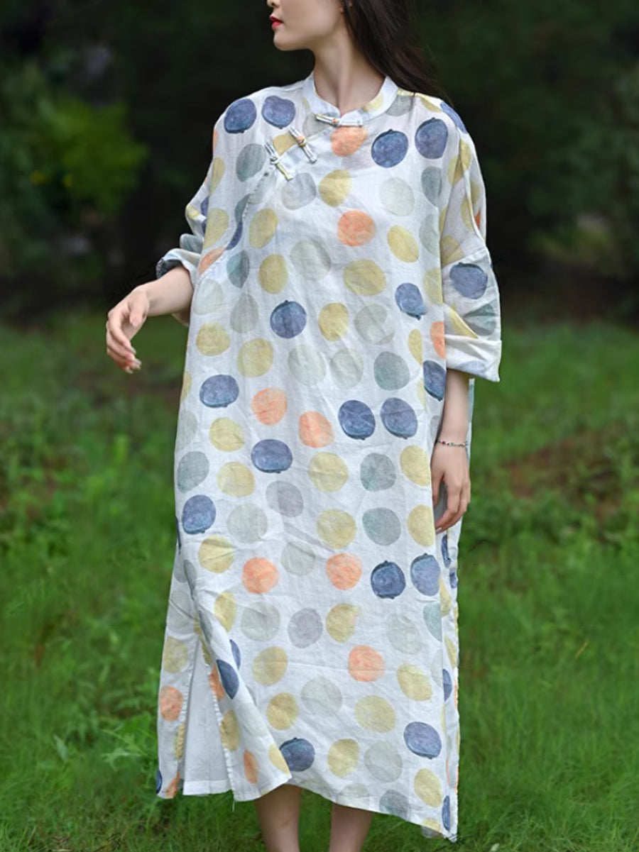 Women Summer Ethnic Colorful Dot 100%Ramie Robe Dress