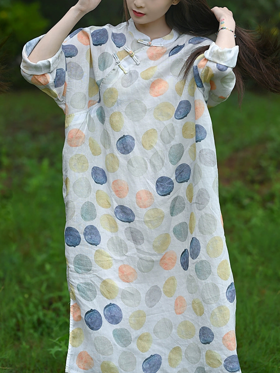 Women Summer Ethnic Colorful Dot 100%Ramie Robe Dress