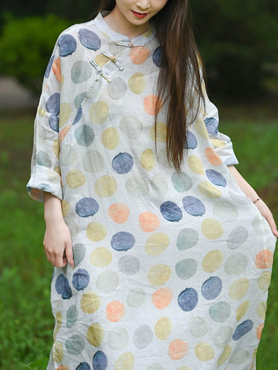 Women Summer Ethnic Colorful Dot 100%Ramie Robe Dress