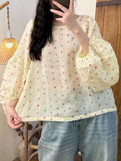 Women Summer Artsy Colorful Dot Ramie O-Neck Shirt