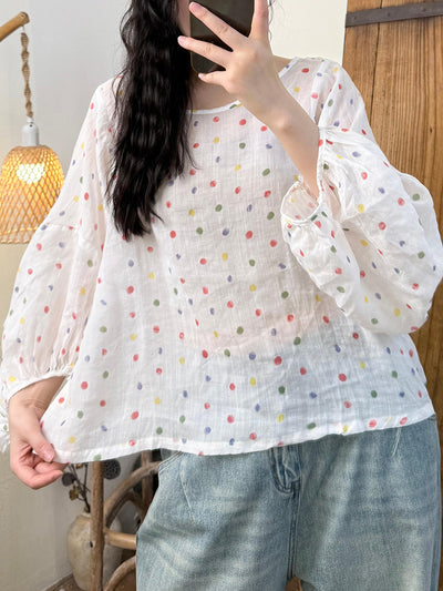 Women Summer Artsy Colorful Dot Ramie O-Neck Shirt