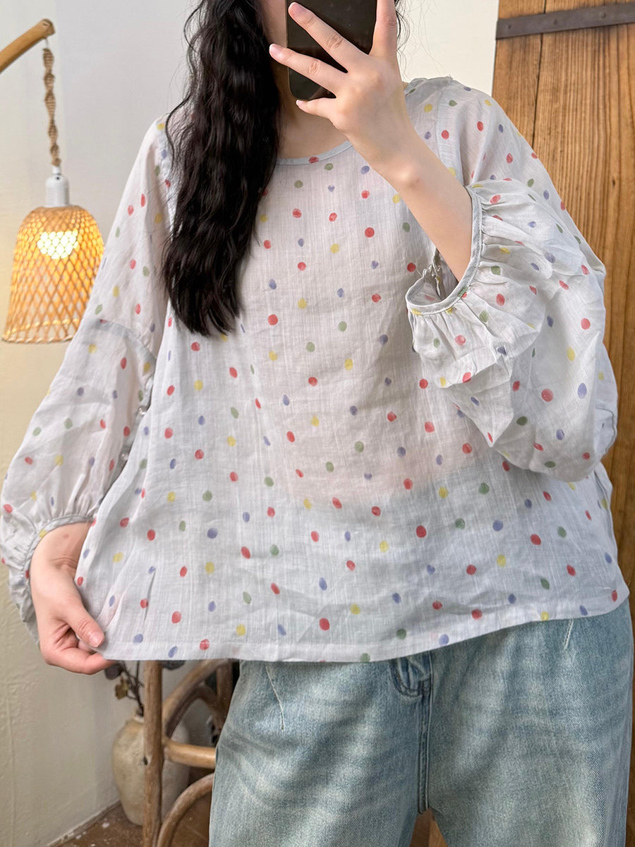 Women Summer Artsy Colorful Dot Ramie O-Neck Shirt