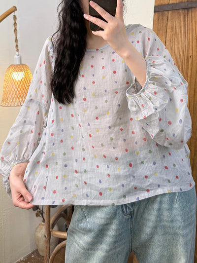 Women Summer Artsy Colorful Dot Ramie O-Neck Shirt