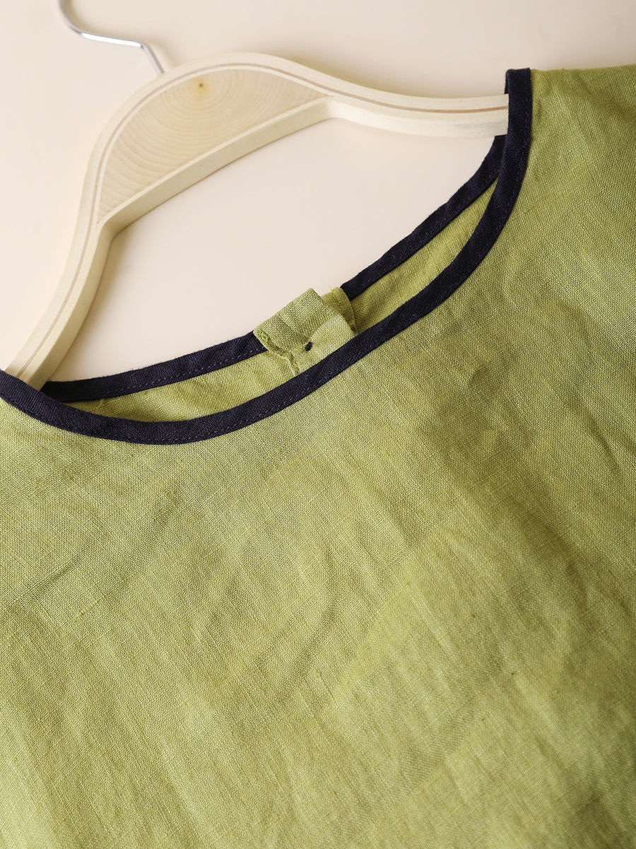 Women Summer Casual Pure Color O-Neck 100%Linen Dress