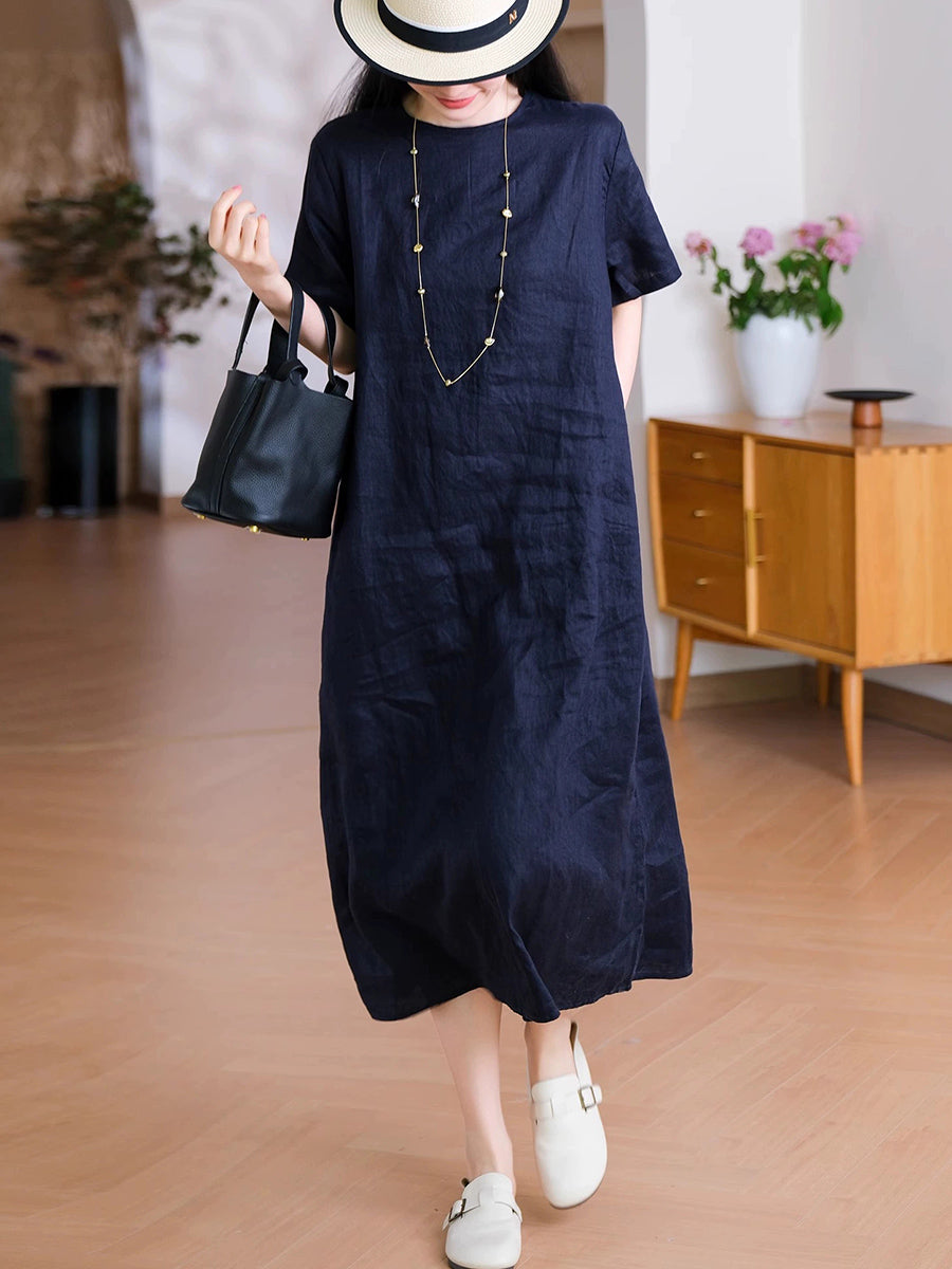 Women Summer Casual Pure Color O-Neck 100%Linen Dress