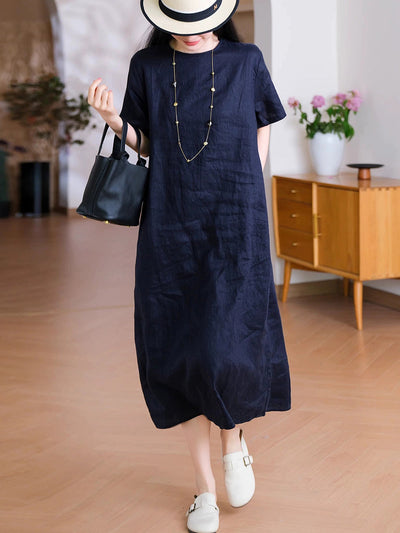 Women Summer Casual Pure Color O-Neck 100%Linen Dress