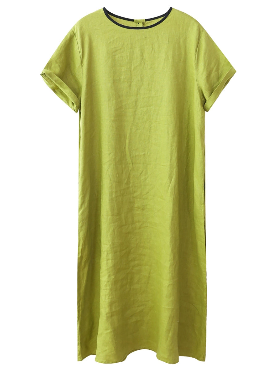 Women Summer Casual Pure Color O-Neck 100%Linen Dress