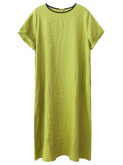 Women Summer Casual Pure Color O-Neck 100%Linen Dress