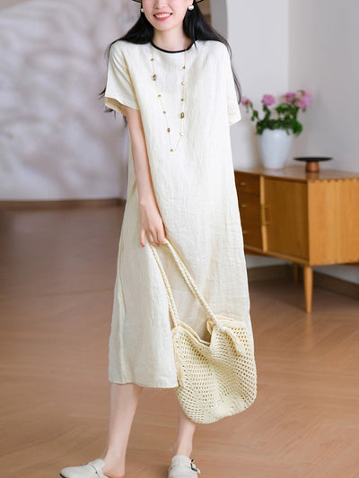 Women Summer Casual Pure Color O-Neck 100%Linen Dress