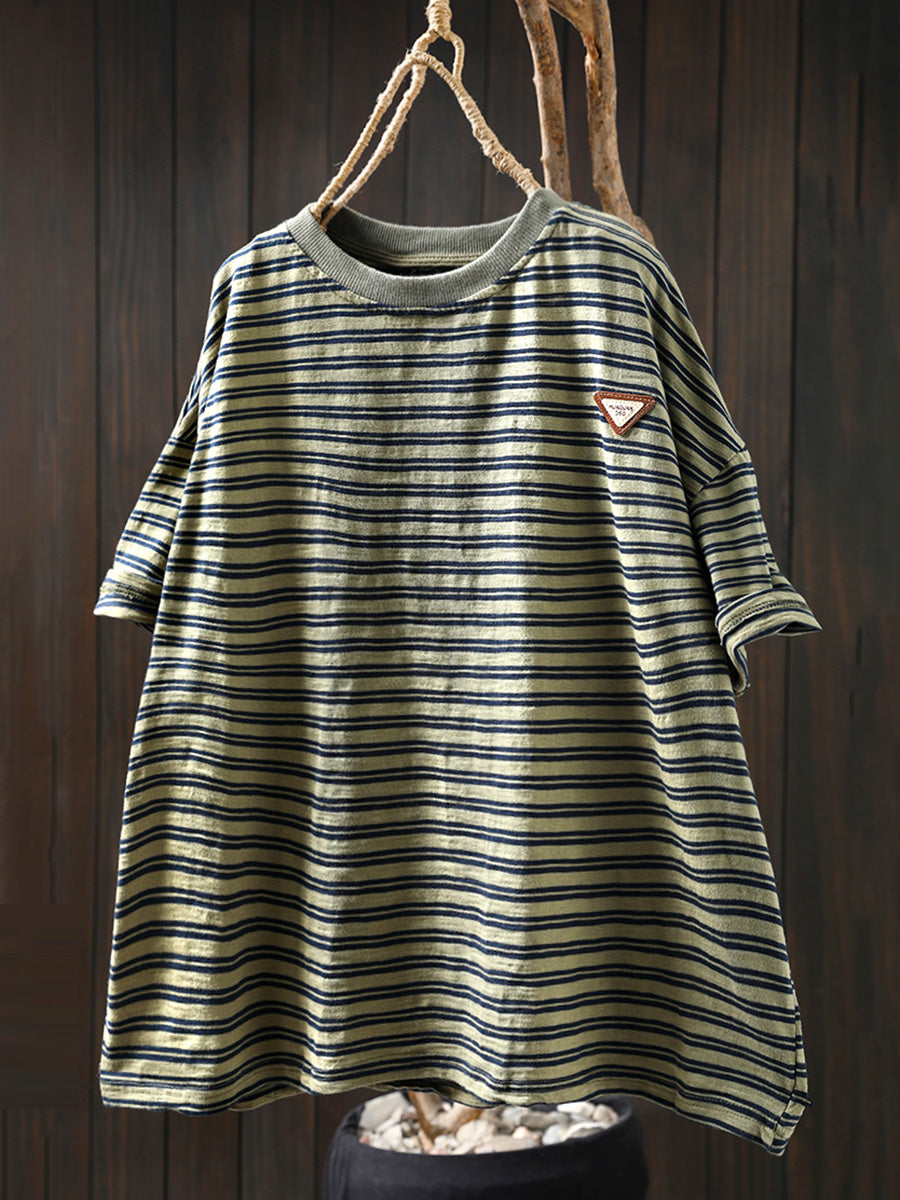 Women Summer Casual Stripe 100%Cotton O-Neck Shirt