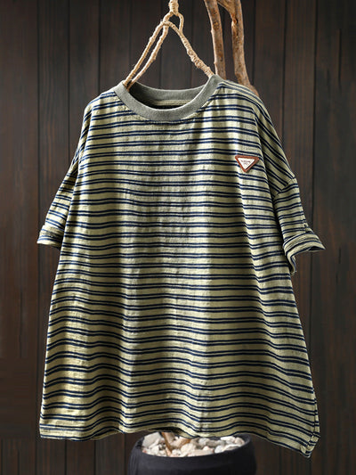 Women Summer Casual Stripe 100%Cotton O-Neck Shirt