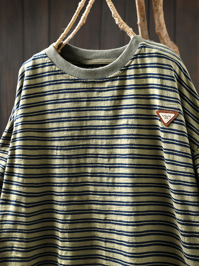 Women Summer Casual Stripe 100%Cotton O-Neck Shirt