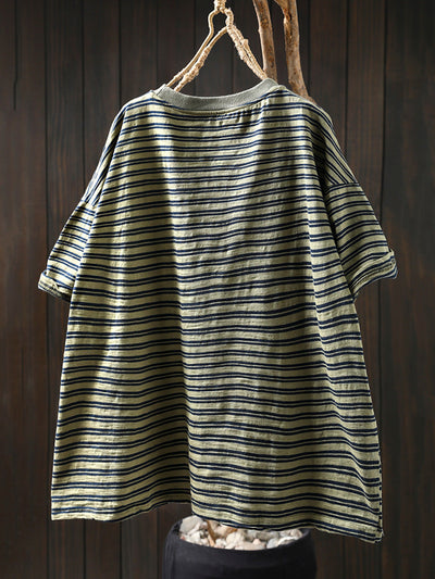 Women Summer Casual Stripe 100%Cotton O-Neck Shirt