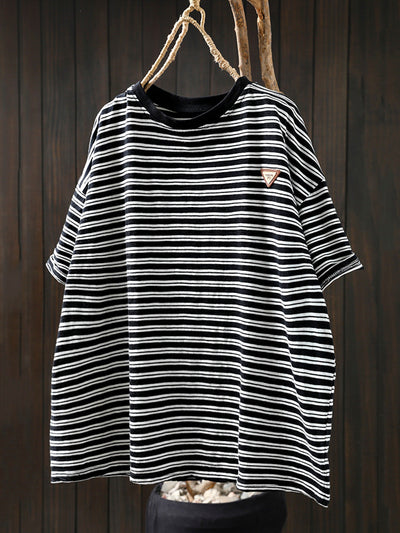 Women Summer Casual Stripe 100%Cotton O-Neck Shirt
