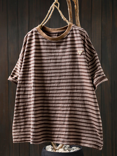 Women Summer Casual Stripe 100%Cotton O-Neck Shirt