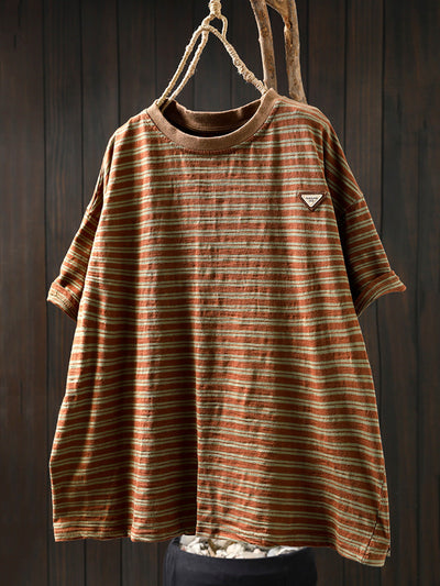 Women Summer Casual Stripe 100%Cotton O-Neck Shirt