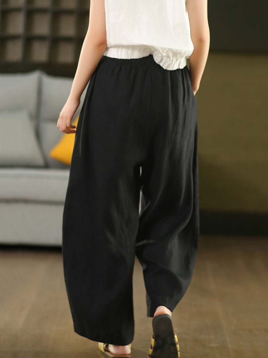 Plus Size Women Casual Pure Color 100%Linen Harem Pants