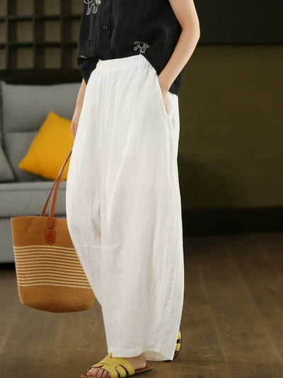 Plus Size Women Casual Pure Color 100%Linen Harem Pants