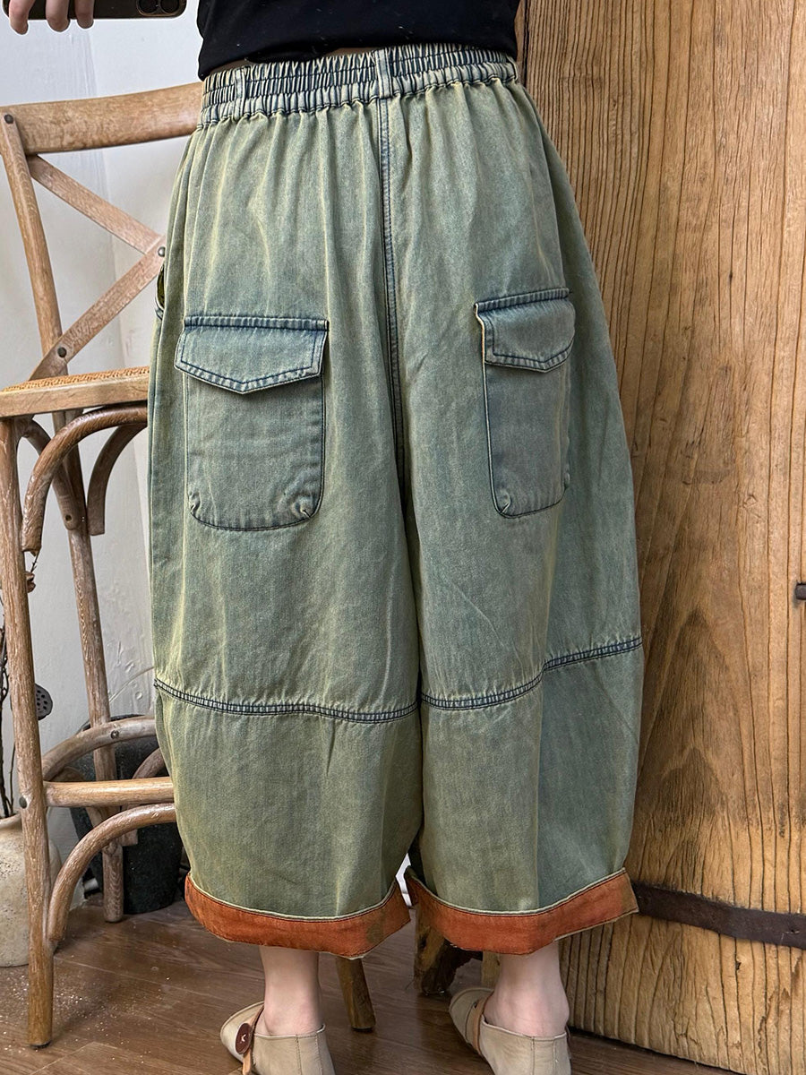 Women Retro Summer Denim Colorblock Wide-leg Pants