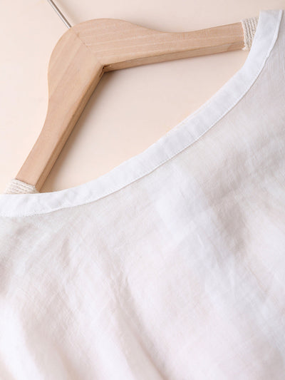 Women Summer Artsy Pure Color O-Neck 100%Ramie Shirt