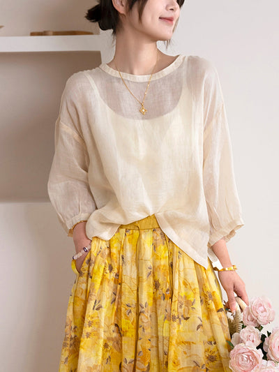 Women Summer Artsy Pure Color O-Neck 100%Ramie Shirt