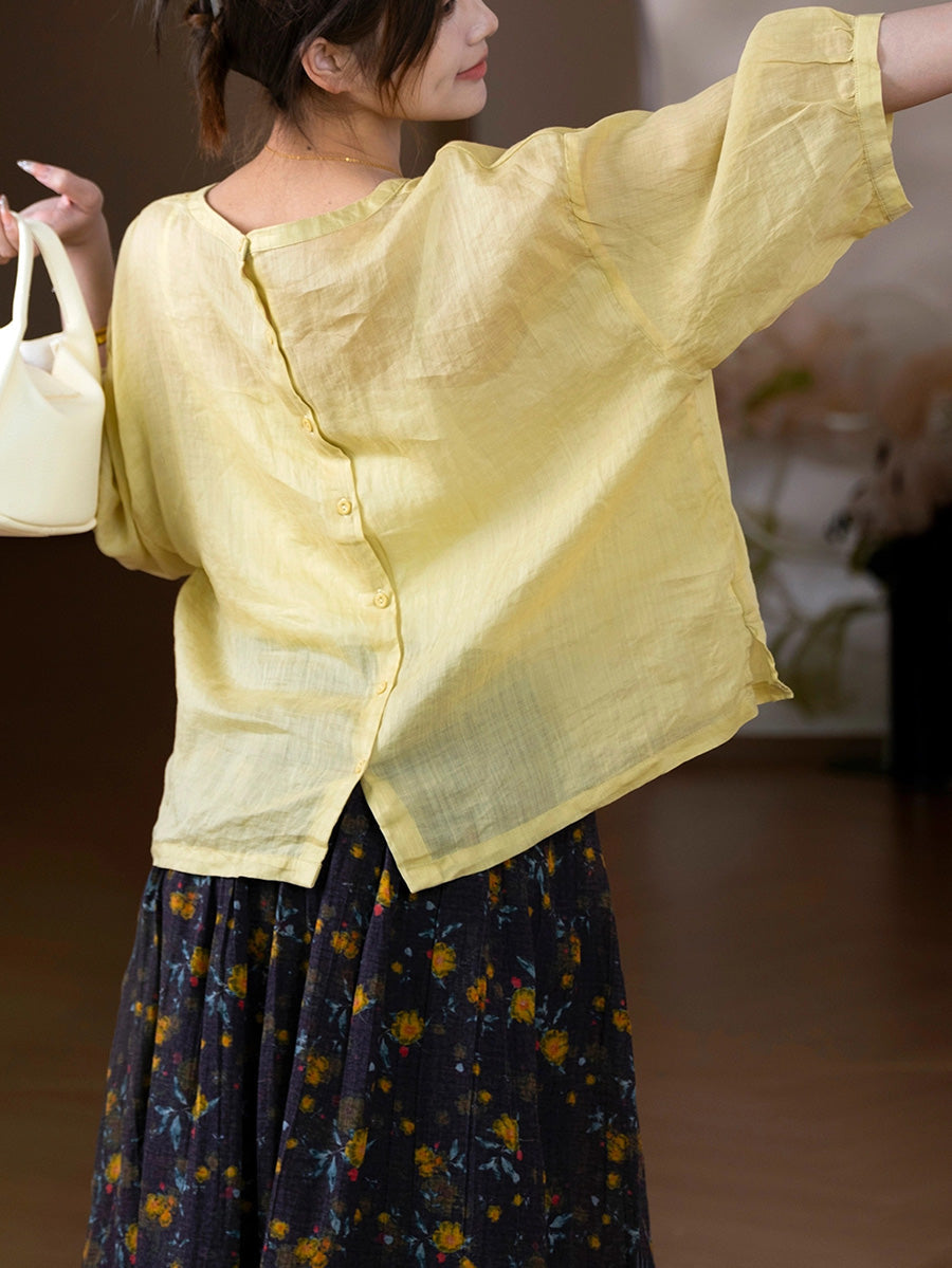 Women Summer Artsy Pure Color O-Neck 100%Ramie Shirt