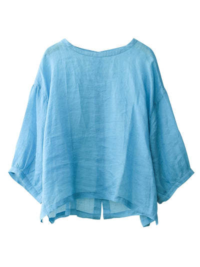 Women Summer Artsy Pure Color O-Neck 100%Ramie Shirt