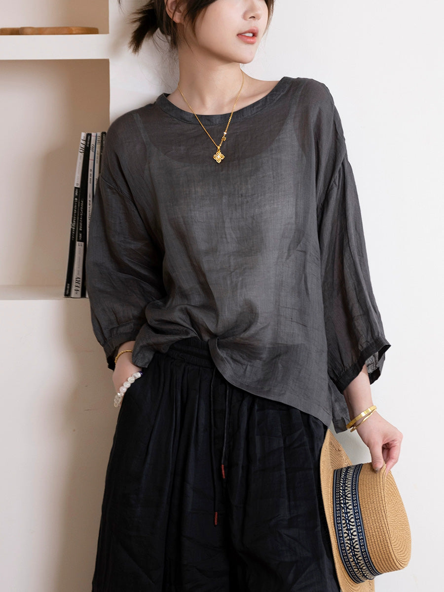 Women Summer Artsy Pure Color O-Neck 100%Ramie Shirt