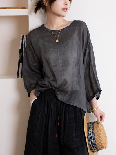 Women Summer Artsy Pure Color O-Neck 100%Ramie Shirt