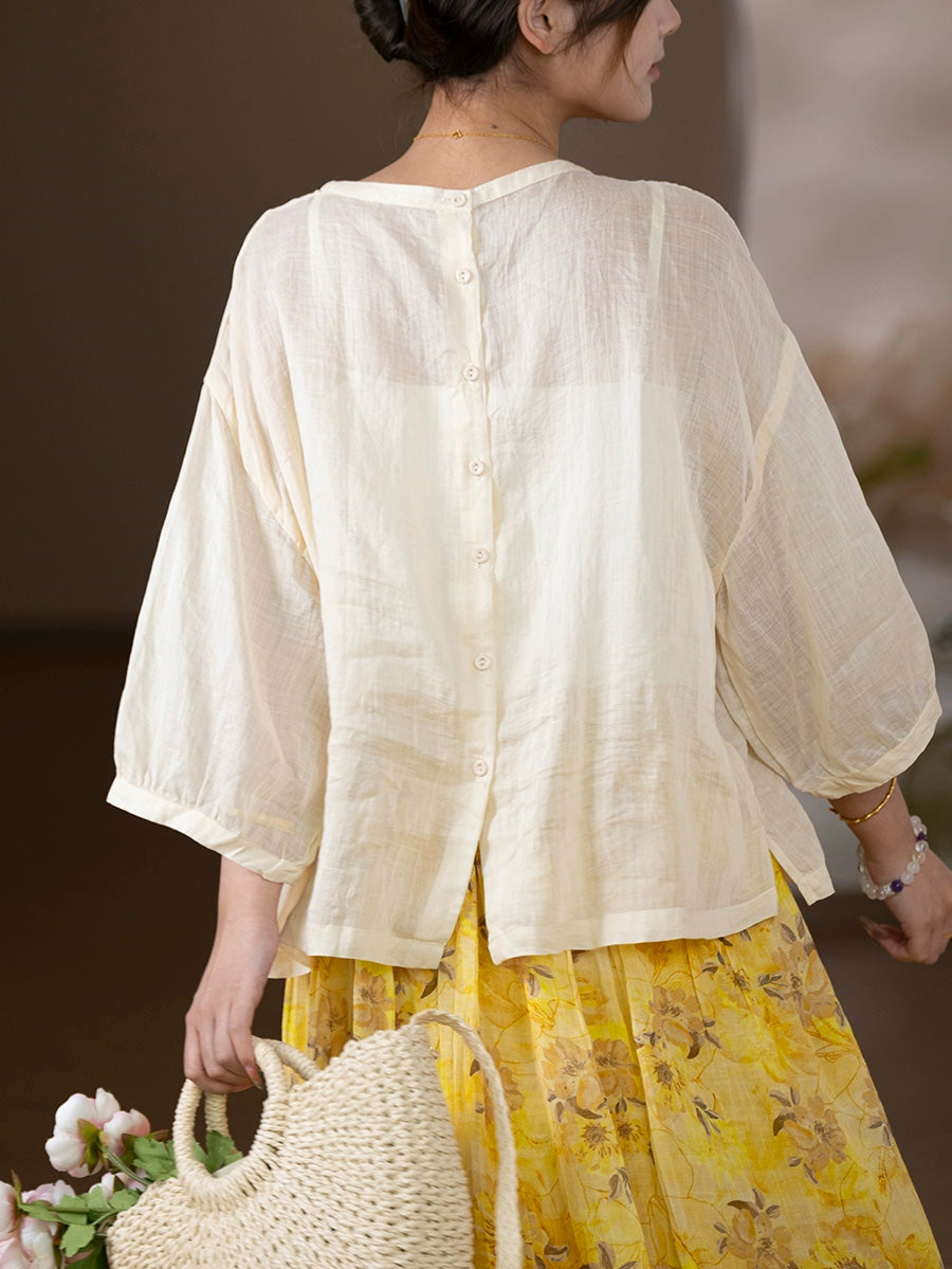 Women Summer Artsy Pure Color O-Neck 100%Ramie Shirt