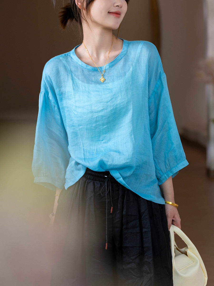 Women Summer Artsy Pure Color O-Neck 100%Ramie Shirt