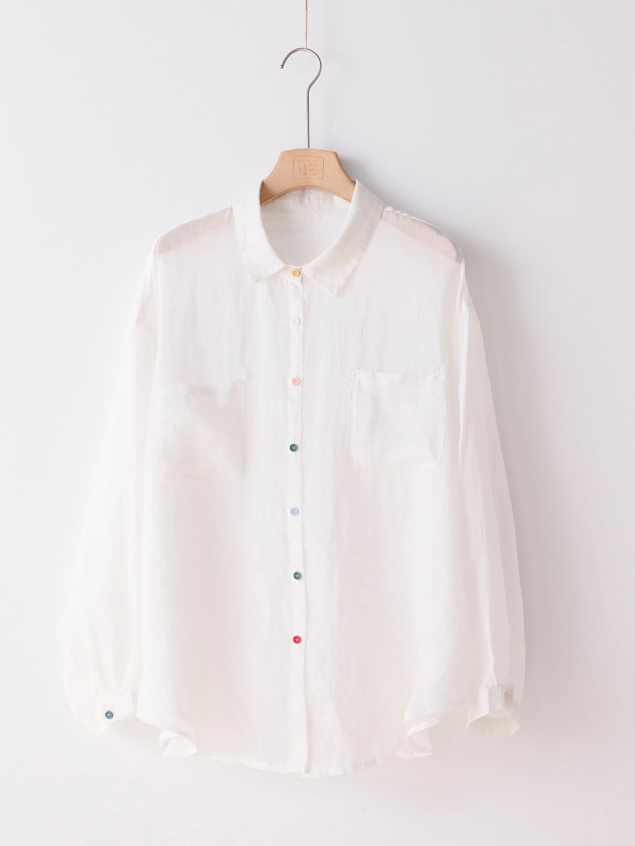 Women Summer Pure Color 100%Ramie Turn-down Collar Shirt