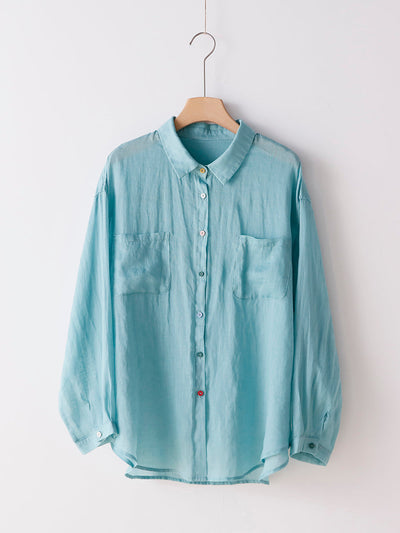 Women Summer Pure Color 100%Ramie Turn-down Collar Shirt