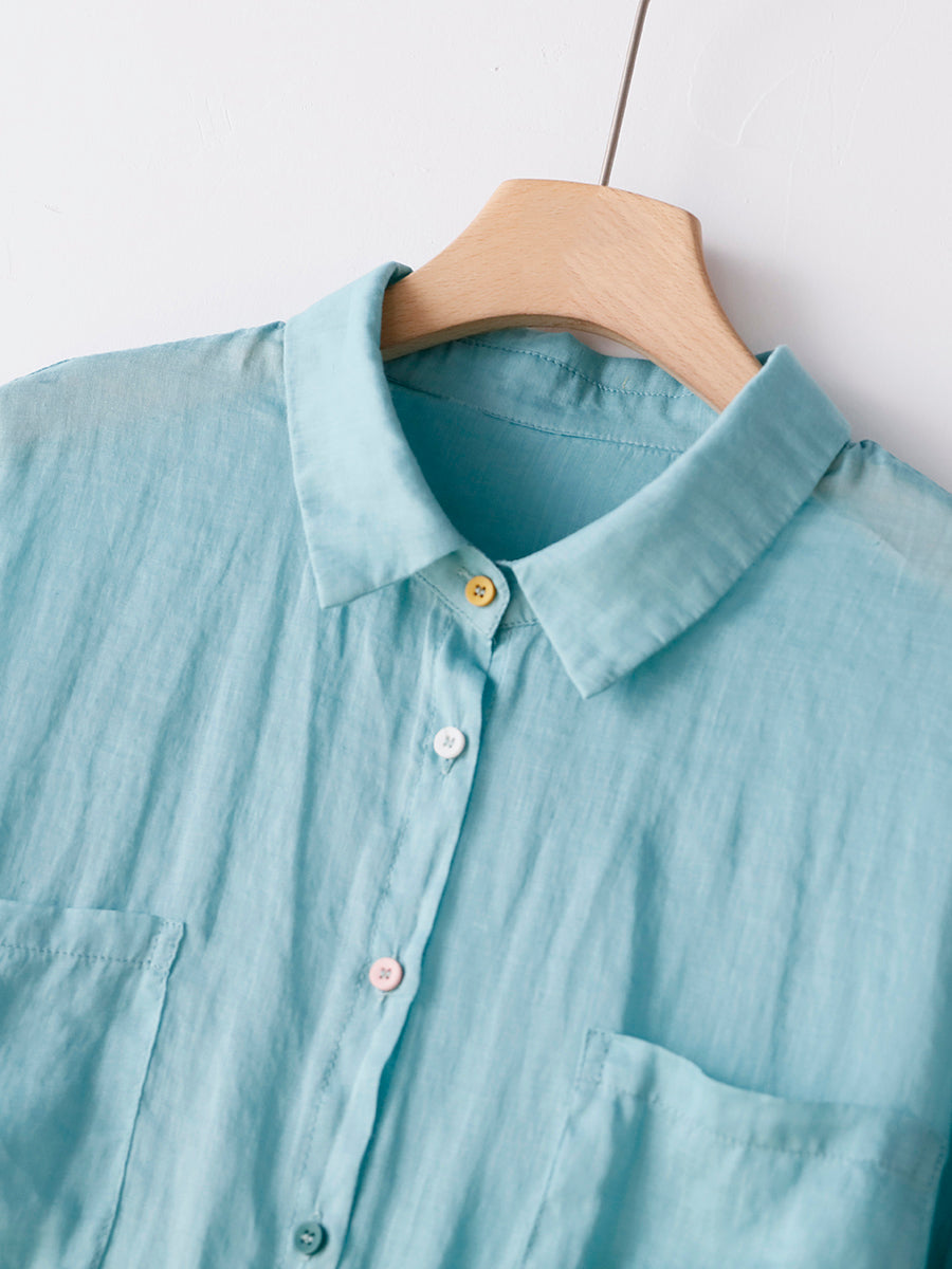Women Summer Pure Color 100%Ramie Turn-down Collar Shirt