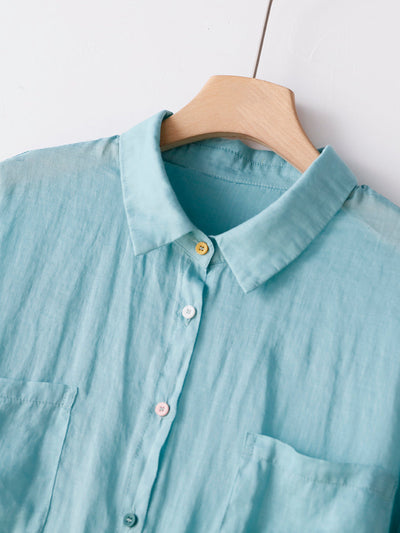 Women Summer Pure Color 100%Ramie Turn-down Collar Shirt