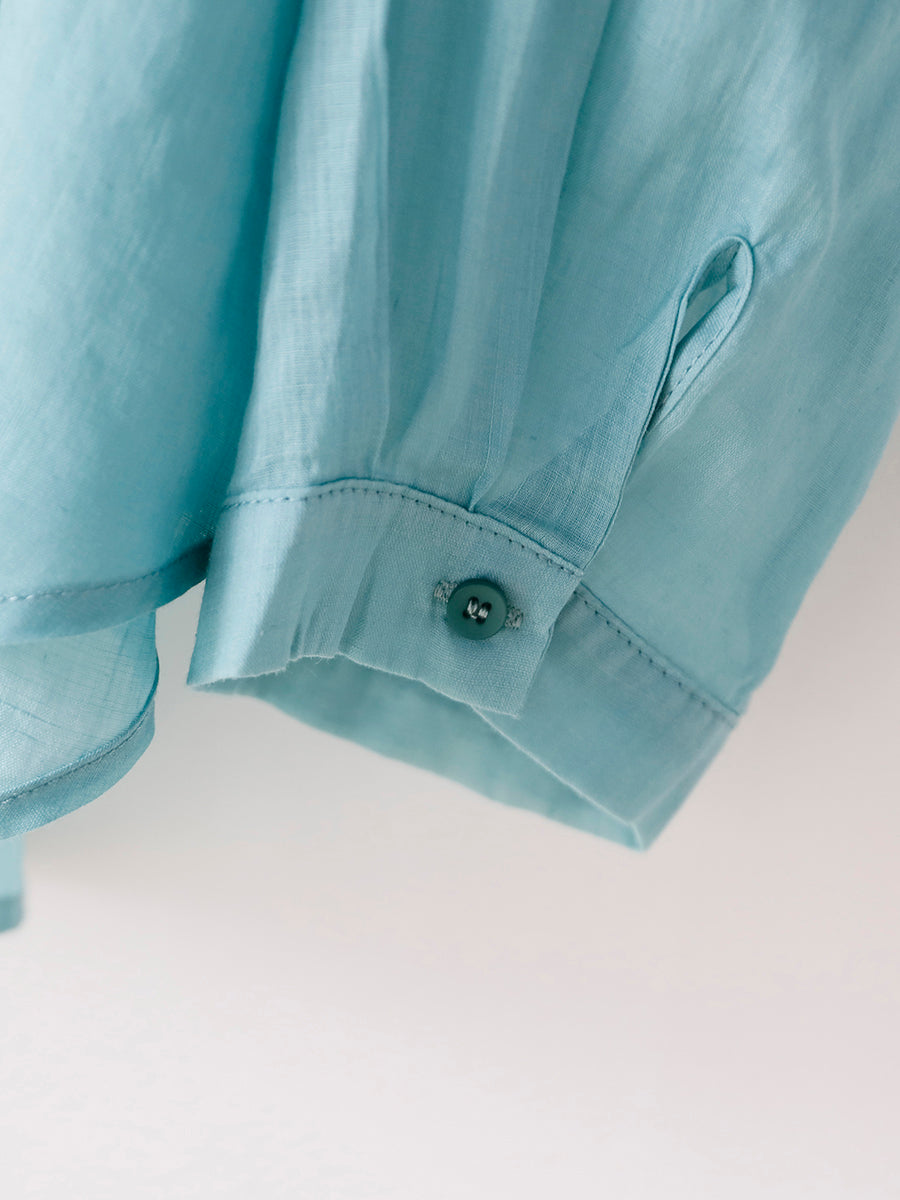 Women Summer Pure Color 100%Ramie Turn-down Collar Shirt