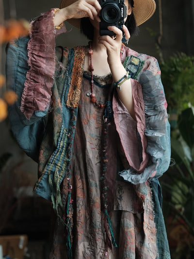 Women Summer Retro Flower Spliced Linen Shirt Coat
