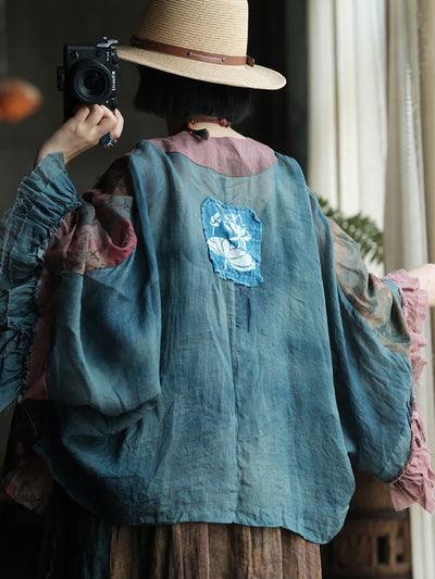 Women Summer Retro Flower Spliced Linen Shirt Coat