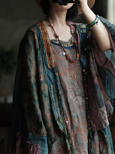 Women Summer Retro Flower Spliced Linen Shirt Coat