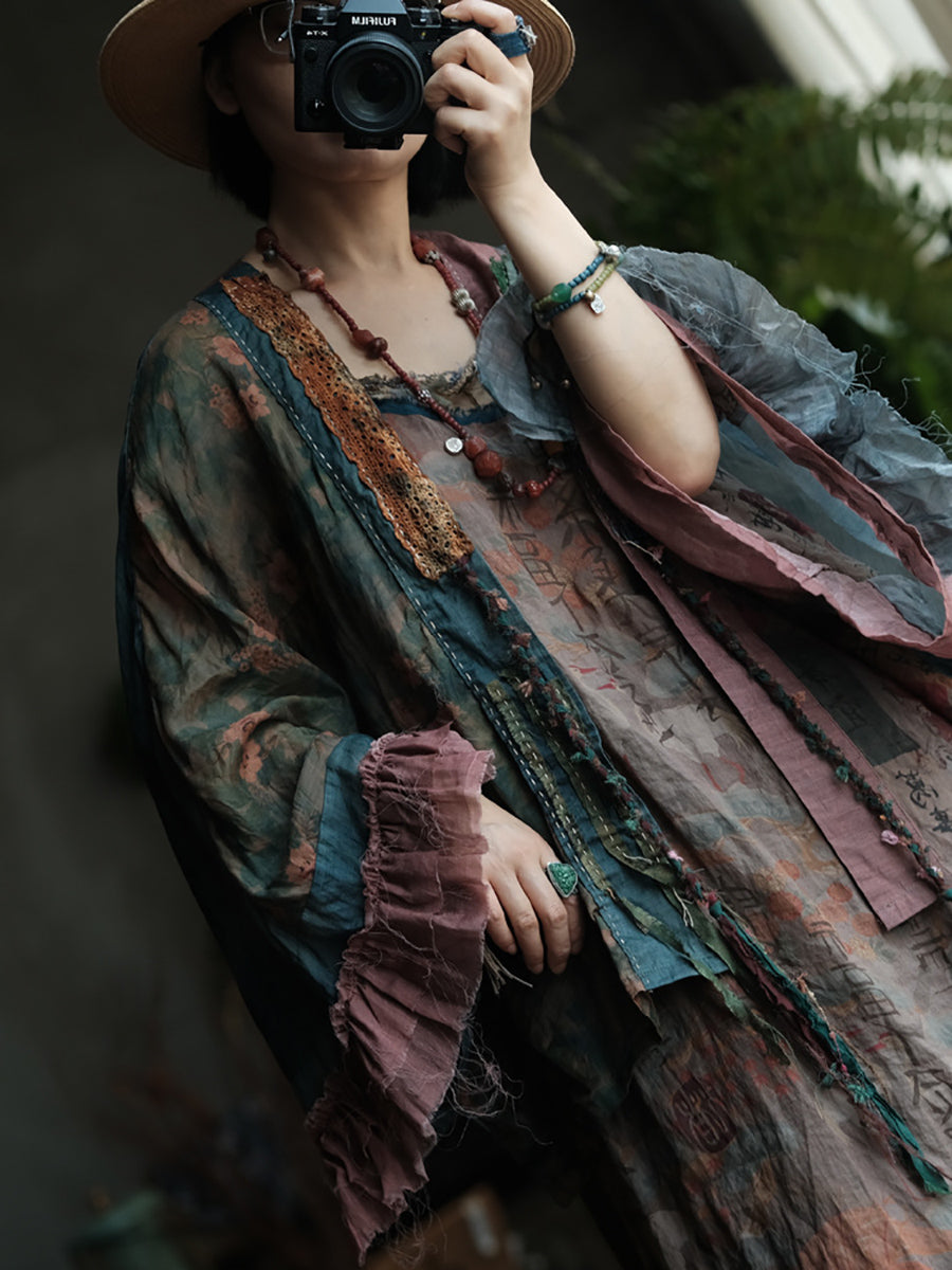 Women Summer Retro Flower Spliced Linen Shirt Coat