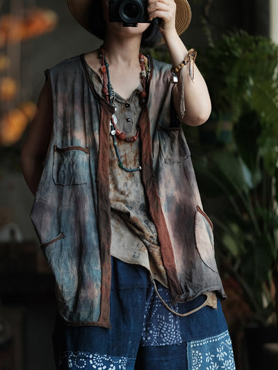 Women Summer Retro Tie-dye Colorblock O-Neck Cotton Vest