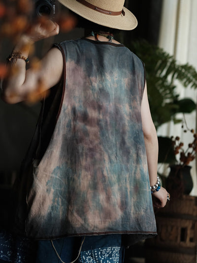 Women Summer Retro Tie-dye Colorblock O-Neck Cotton Vest