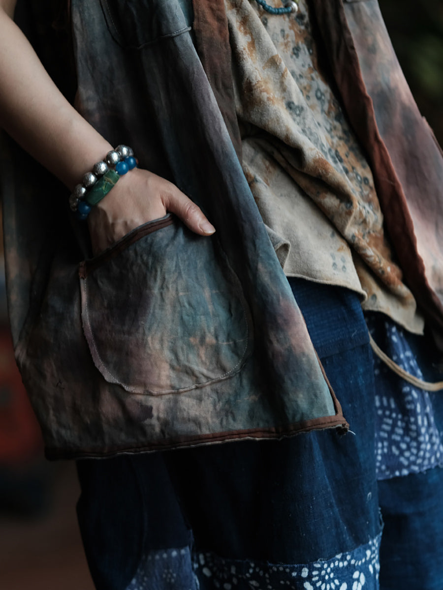 Women Summer Retro Tie-dye Colorblock O-Neck Cotton Vest