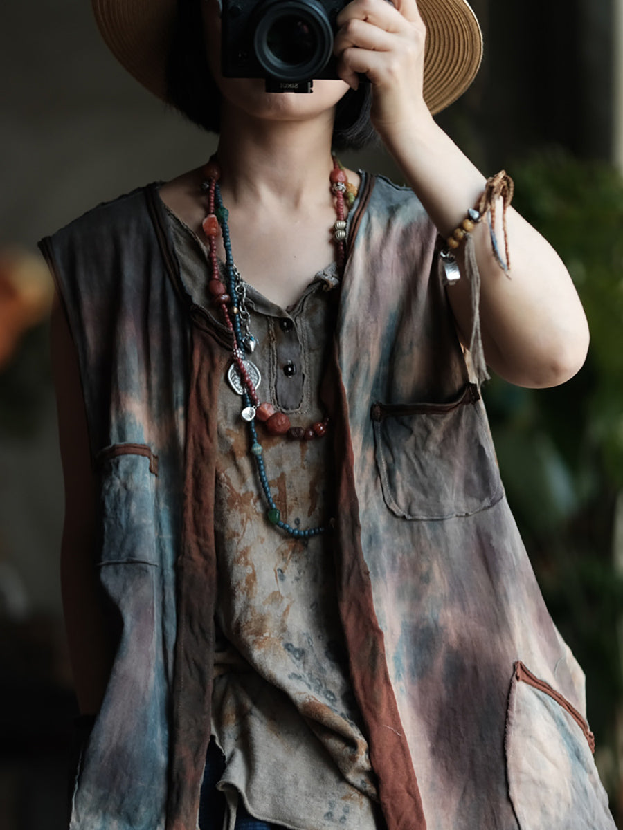 Women Summer Retro Tie-dye Colorblock O-Neck Cotton Vest