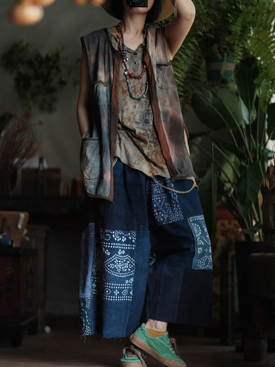 Women Summer Retro Tie-dye Colorblock O-Neck Cotton Vest