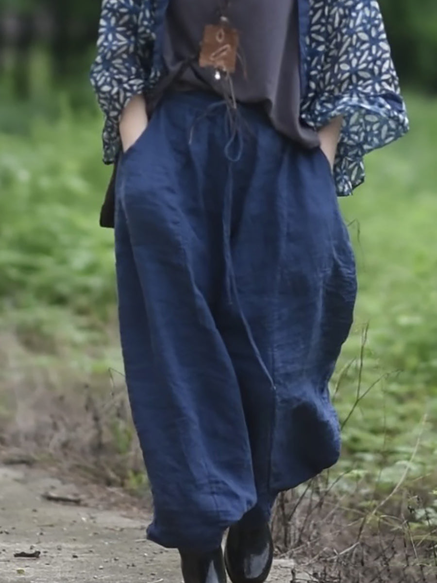 Women Summer Casual Pure Color Linen Wide-leg Pants