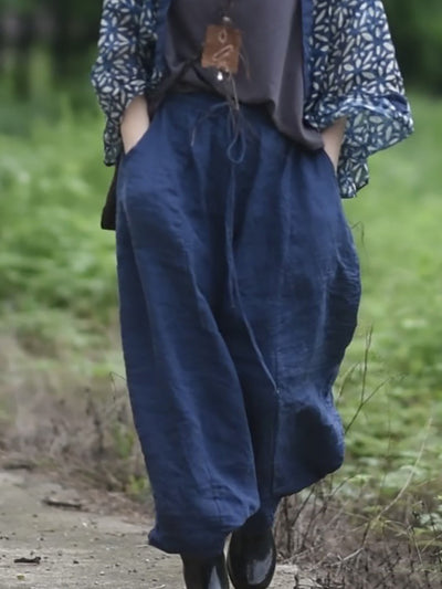 Women Summer Casual Pure Color Linen Wide-leg Pants