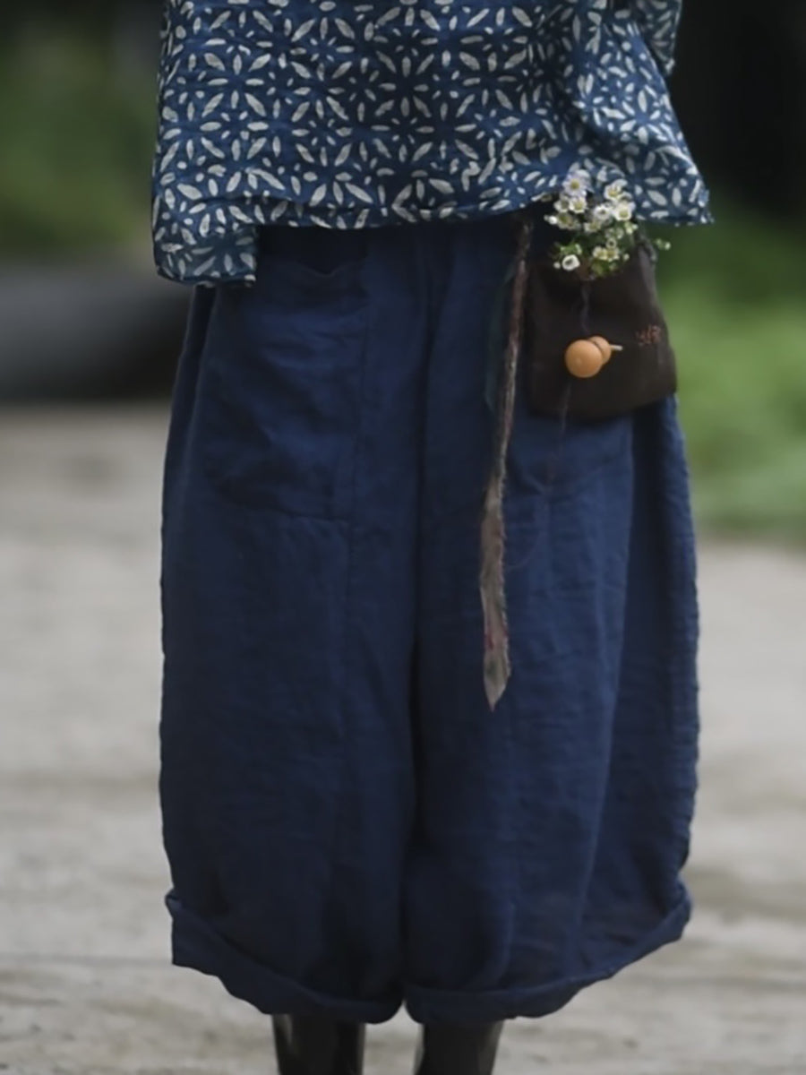 Women Summer Casual Pure Color Linen Wide-leg Pants