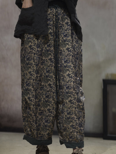Women Summer Vintage Flower Linen Straight Pants